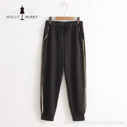Elastic Straight Stripe Loose Ladies Slacks Sport Pants